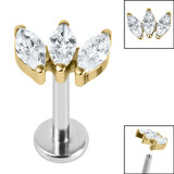 Titanium Internally Threaded Labrets 1.2mm - Gold Titanium Claw Set 3 CZ Jewel Marquise Fan - SKU 37698