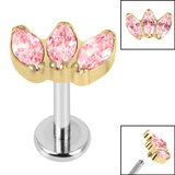 Titanium Internally Threaded Labrets 1.2mm - Gold Titanium Claw Set 3 CZ Jewel Marquise Fan - SKU 37701