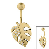 Belly Bar - Gold Steel Claw Set Jewelled Monstera Palm Leaf - SKU 38923