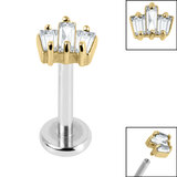 Titanium Internally Threaded Labrets 1.2mm - Gold Steel Claw Set CZ 3 Jewelled Baguette Fan - SKU 66662