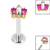 Titanium Internally Threaded Labrets 1.2mm - Gold Steel Claw Set CZ 3 Jewelled Baguette Fan - SKU 66665