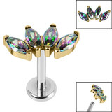 Titanium Internally Threaded Labrets 1.2mm - Gold Plated Titanium Claw Set 4 CZ Jewel Marquise Fan - SKU 67378