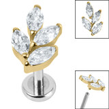 Titanium Internally Threaded Labrets 1.2mm - Gold Plated Titanium Claw Set Marquise Jewelled Leaf - SKU 67411