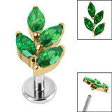 Titanium Internally Threaded Labrets 1.2mm - Gold Plated Titanium Claw Set Marquise Jewelled Leaf - SKU 67424