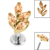 Titanium Internally Threaded Labrets 1.2mm - Gold Titanium Claw Set Marquise Jewelled Leaf - SKU 67437