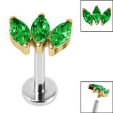 Titanium Internally Threaded Labrets 1.2mm - Gold Plated Titanium Claw Set 3 CZ Jewel Marquise Fan - SKU 67954