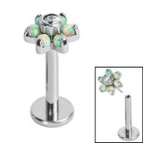 Titanium Threadless Labrets - Titanium (Bend-fit) Claw Set Synth Opal and CZ Jewelled Flower - SKU 68134