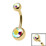 Gold Titanium Internal Thread Bezel Set Double Jewelled Belly Bar - SKU 70503