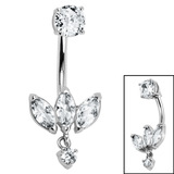 Belly Bar - Steel Internal Thread Claw Set Solitaire and Marquise Fan  - SKU 70701