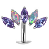 Titanium Threadless Floating Navel Bar - Titanium Claw Set 5 Opal and Jewel Marquise Fan 1.6mm - SKU 71649