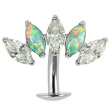 Titanium Threadless Floating Navel Bar - Titanium Claw Set 5 Opal and Jewel Marquise Fan 1.6mm - SKU 71651