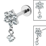 Titanium Internally Threaded Labrets 1.2mm - Titanium Jewelled Primrose Flower with Solitaire Drop - SKU 71830